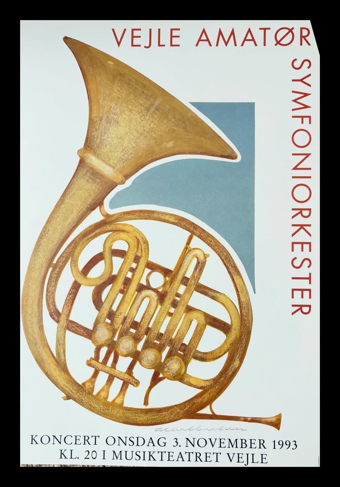 Signeret koncertplakat for Vejle Amatørsymfoniorkester anno 1993. Udført af Albert Bertelsen (1921-2019)
